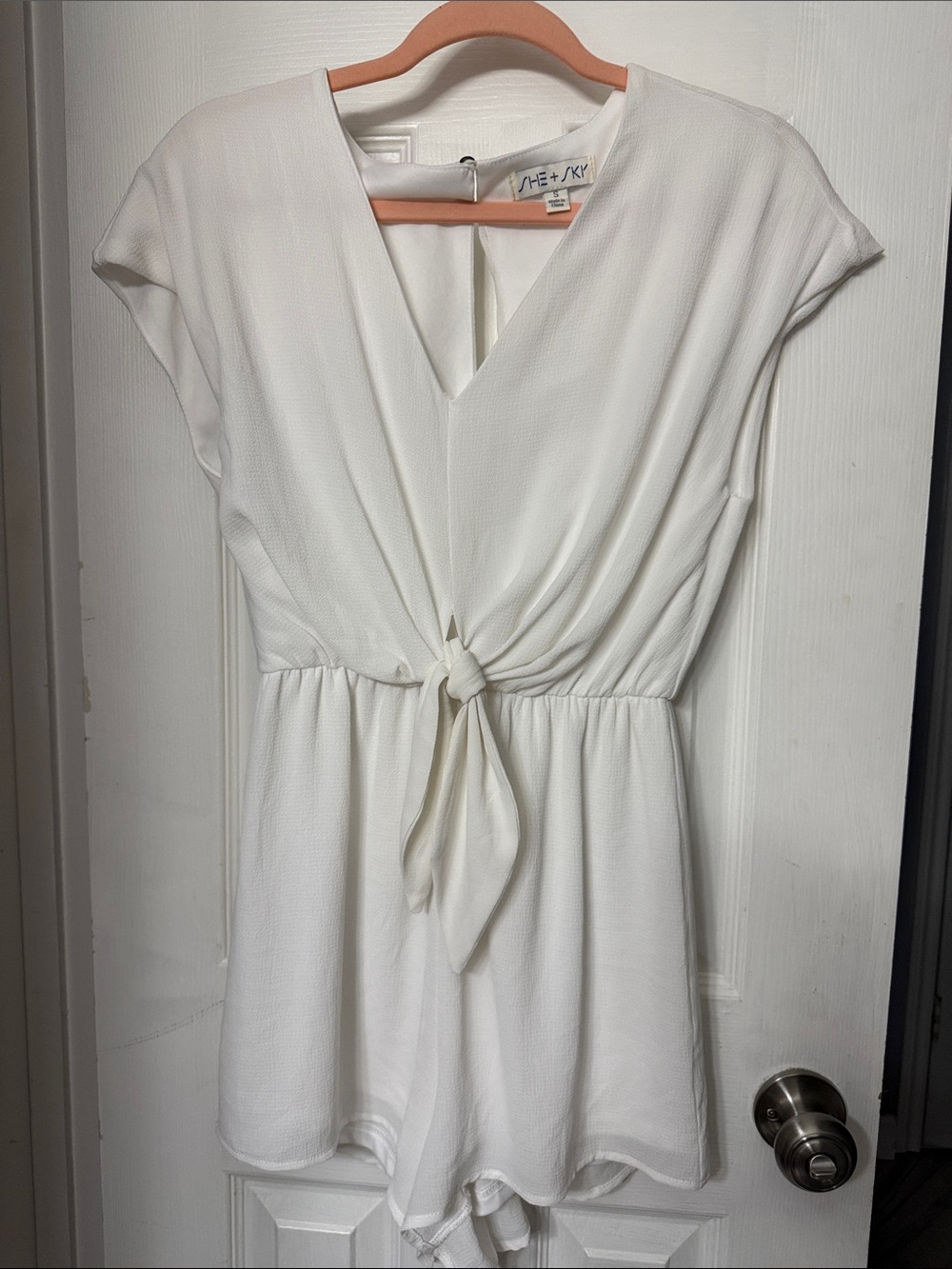 She & Sky white tie front v-neck shorts romper